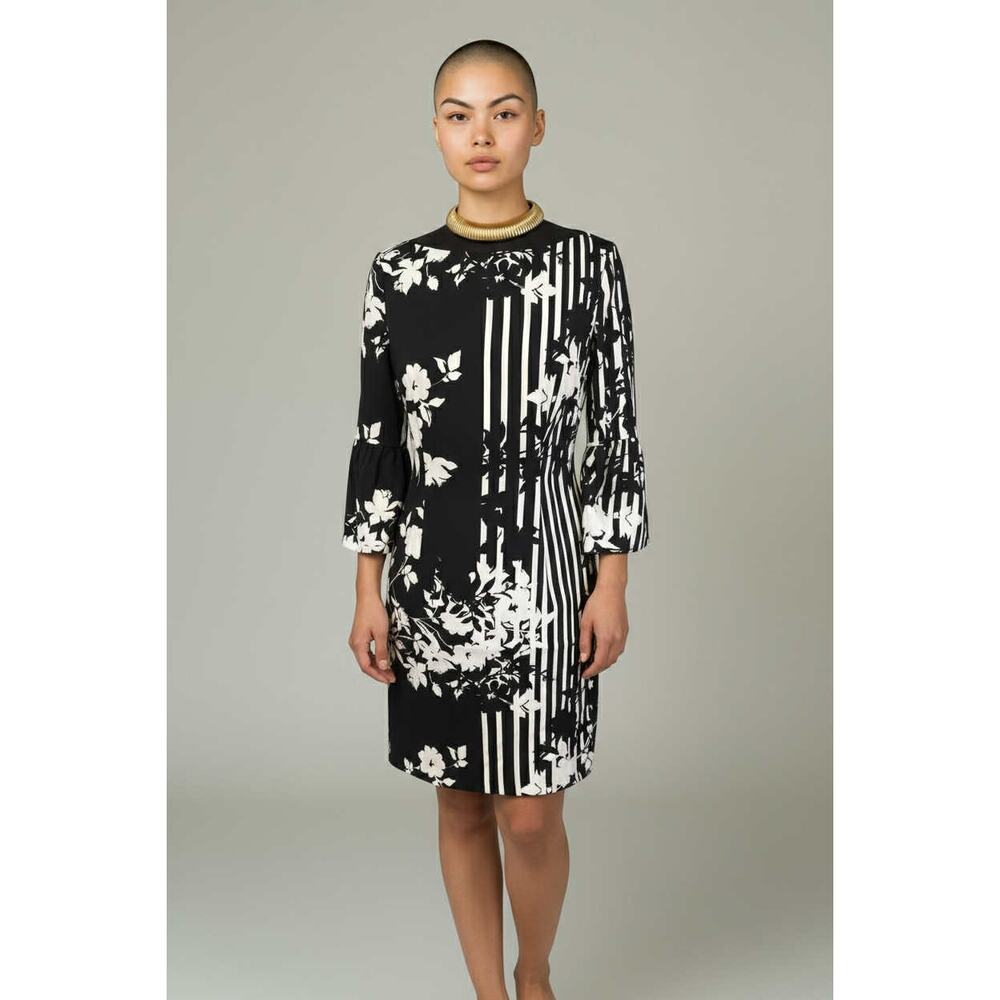 Black Halo Floral Stripe Sheath Dress Bell Sleeve Black White Women’s 6 Made LA